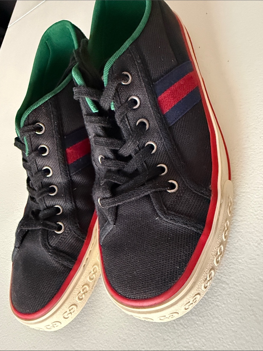 Gucci Men’s Black Canvas Sneakers with Red & Blue Stripe - Picture 4 of 11